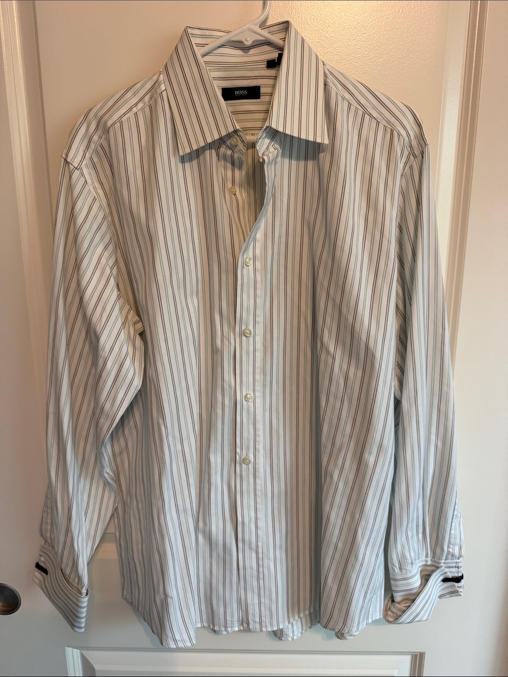 Boss Men’s White Dress Shirt with Blue and Gray Stripes